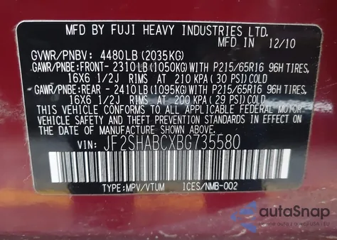 2011 Subaru Forester 2.5X from USA, damaged, VIN JF2SHABCXBG735580